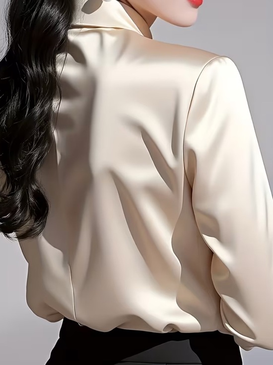 Elegant Satin Pleated Collar Blouse - Light Gold - Picture 4 of 5